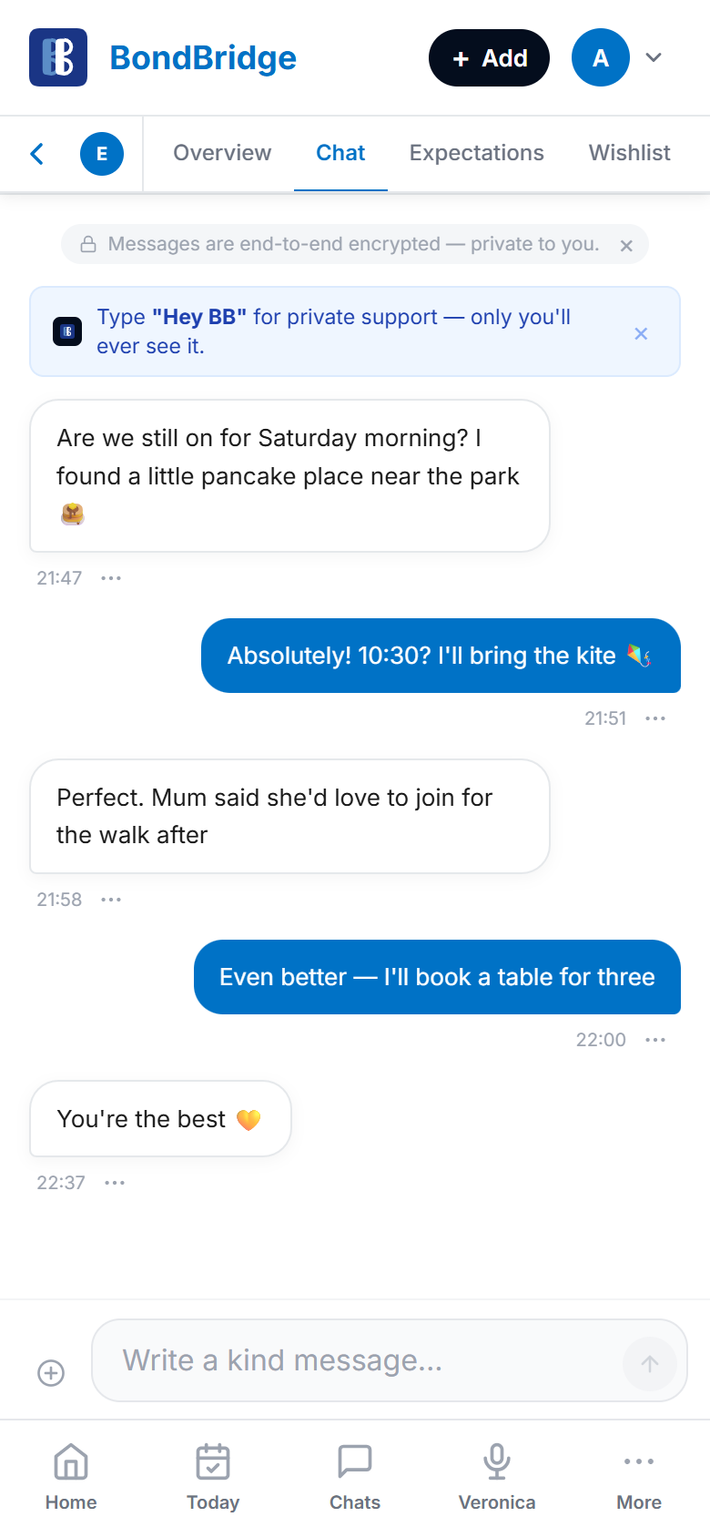 A private BondBridge chat conversation on a phone