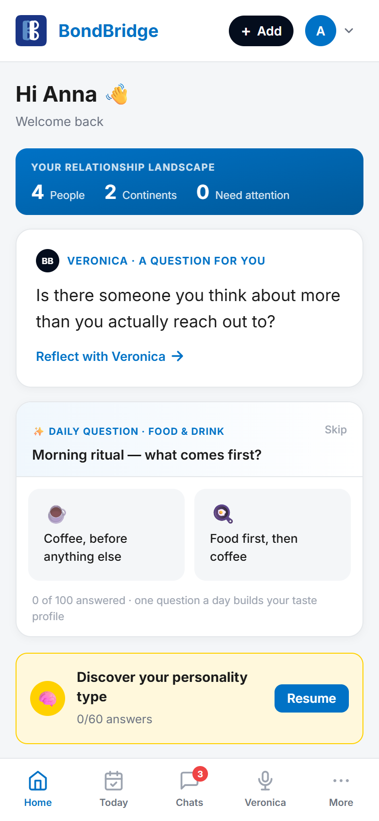 BondBridge dashboard on a phone — relationship landscape, a reflective question from Veronica, and the daily question